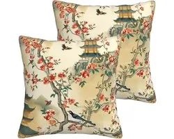 HOSTECCO Vogelbloemen sierkussenslopen 45,7 x 45,7 cm set van 2 Chinoiserie kussenslopen bloemen decoratieve kussenslopen voor bank bank