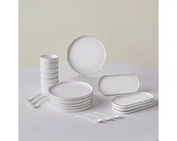 Service de petit-déjeuner Karaca Forever Bone Bomo 22 pièces - 6 personnes - Bone China - Blanc avec bord en platine - Assiettes, bols et plats