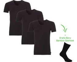 Bamboo T-Shirt - V-Hals - Super zacht - Antibacterieel - Perfect draagcomfort - 95% Bamboo - 3 stuks - 1 paar bamboo sokken cadeau - Zwart - XL