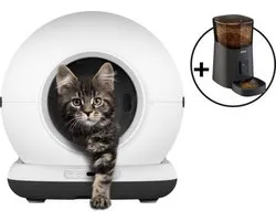 Bac à litière automatique pour chat - Bac à litière autonettoyant - Avec tapis de litière pour chat, 3 rouleaux de sacs de collecte et mangeoire automatique Zedar A900