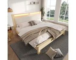 Lit deux places STILVORA 140x200 cm – Tête de lit avec LED et Espace de rangement – Rangement sous le lit pour Robot aspirateur – Tissu côtelé ; Bois – Beige – Sans Matelas