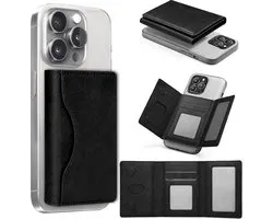 Pasjeshouder Portemonnee - Geschikt voor iPhone 12/13/14/15/16/17 (Mini/Pro/Max/Plus/Air) – Opvouwbare leren kaartsleuven - Geschikt voor MagSafe Hoesjes - Zwart