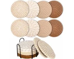 Set de 8 Sous-verres ronds avec support - Isolation thermique - Sous-verres antidérapants en coton tressé pour Verres - Sous-verres de verre avec support - Pour boissons, bar, tasses, dessous de verre de table - Ø 11 cm - Jaune