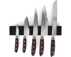 Ensemble de couteaux Yaxell Super Gou - 6 pièces - Bande magnétique noire avec 5 Couteaux - Acier damassé 161 couches - Acier SG2 - 63 HRC - Manche en toile-micarta