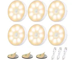8 LED's Bewegingssensor Licht Binnen, Electight Nachtlampje USB Oplaadbaar, 3 Lichtmodi & Langdurig Batterij, Snoerloos Magnetisch Stickernachtlampje, voor Trap, Kast, Hal - 3000K Warm Geel 6 Stuk