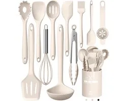 MODFU Silicone Keukengerei Set – 12-delige Kookgerei Set – Hittebestendig & Krasvrij – BPA-vrij Veilig Koken en Bakken – Makkelijk Schoon te Maken met Opbergstandaard – Khaki