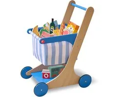 Chariot de courses Teamson Kids Little Helper Mr. Fresh bleu avec 13 articles alimentaires, roues souples, poignée ergonomique et panier en tissu pour les tout-petits