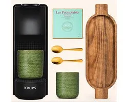 Coffret Cadeau KRUPS Nespresso Essenza Mini - Machine à café avec 2 Tasses, Plateau en Bois, 2 Cuillères à café dorées & délicieux biscuits