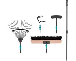 Ensemble d'outils de Outils de jardin VONROC 4 en 1, système V- Fix , avec râteau à feuilles, balai, houe et cultivateur - acier enduit de poudre