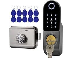 TIM® Deurslot Buitendeur - Smartlock - Slim Deurslot Met Vingerdrukherkenning - Codeslot - Elektrisch Deurslot Met Code Toegang - Intelligent Smart Lock - Roestvrij staal - Zilver/Blauw - ‎28cm x 22cm x 9cm