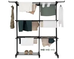 Jubbly® – Tour de Séchage Extensible – Séchoir Pliable – Équipé de Roulettes – 4 Étages – 40 mètres de Longueur de Séchage – 45 kilos de Capacité de Charge – Tour de Lavage sur Pied – Séchoir sur Roues - Noir