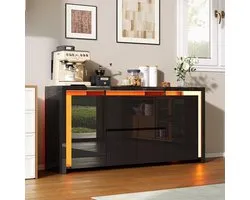 Black Dining Room Dresser LED Modern Dining Cabinet with 4 Doors and 2 Drawers Low Dresser Storage Furniture Low Chest of Drawers with Drawer for Kitchen, Hallway, Living Room, Entrance