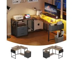 Gaming Bureau met LED Verlichting - 120x120x75cm - L-Vormig Game Bureau met Stopcontact - 2 Non Woven Lade - Gaming Desk - Computer Tafel - Gaming Tafel - Bureau voor Gamen, Studeren en Werken - Vintage Bruin