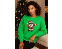 La Booty Kersttrui Dames- Mosgroen- Oversized- Zachte Sweat stof- Dabbing Santa Print- Comfortabele Pasvorm-maat S/M