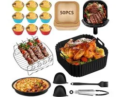 Ensemble d'accessoires pour airfryer 12 pièces - Moule en silicone, grille de cuisson, brochettes, pinceau, plaque de cuisson, gants, pince, moules à muffins, papier sulfurisé