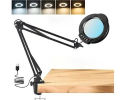 15 x Magnifying Glass with Light, LED Magnifying Lamp with Clamp, 5 Colour Modes, 10 Stepless Dimmable, Hands-Free Desk Lamp for Reading, Crafts, Repair, Painting