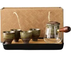 Set à Thee japonais Midori - Sachet gratuit de thé vert Sencha - Ensemble de 6 pièces - 4 tasses - Filtre à Thee - Verre verseur - Emballé dans une boîte cadeau - Design intemporel pour la maison ou comme cadeau - Perfect pour le thé en vrac.