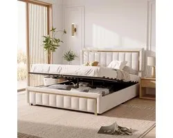 Lit double lit tapissé 180x200 cm avec espace de rangement et sommier à lattes, lit coffre, cadre de lit avec dossier pour lit d'adolescent, sans matelas, velours, beige