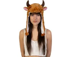 KIMU Bonnet Rabats Taureau Brun Foncé - Laplander avec Petites Oreilles Brun Vache Cornes - Bonnet Fourrure Enfants ou Adultes avec Petite Tête - Bonnet Rabats Peluche Bull Os Bovin Festival