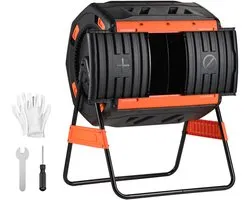 Composttrommel 200 L, Roterende Composteerbak voor Buiten met 2 Schuifdeuren, Ventilatiesysteem en Twee Compartimenten, Gemaakt van PP & Koolstofstaal voor Tuin-, Keuken- En Erfafval