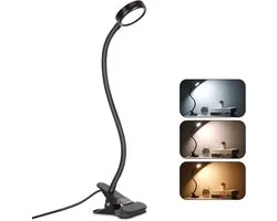 Klemlampen - Clip-lamp LED Klemkamerlamp Leestafel Bed met Adapter Luminositeitsinstelling Oogzorg voor Kantoor en Huis 360° Flexibel Zwart [Energieklasse C]