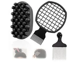 Kit de 3 brosses à boucles en silicone et peignes afro en métal – Éponge à boucles durable et lavable pour hommes noirs, cheveux naturels, dreadlocks, boucles et outil de coiffage afro 4C – Produit Belle's