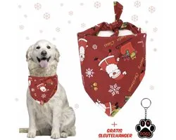 SilverAndCoco - Medium / Large Kerst Sjaal met Sleutelhanger Hond Versiering | Kerstman Sjaaltje Hondje | Verjaardag Decoratie Pakket Bandana Honden | Kerstman Feest Set Huisdier Cadeau Kerst Cadeautje | Met Gratis I Love Dogs - Groot