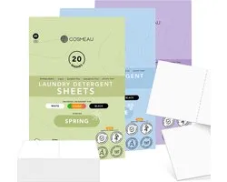 Cosmeau Sample Pack 3x20 Détergent Wash Strips 60 Washes Spring Fresh Lavande Lavande Breeze Lavage Feuilles Débarbouillettes Détergent Feuilles Débarbouillettes Sans Plastique Eco