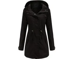 Trench-coat léger pour femme, avec poche zippée et capuche à cordon de serrage, idéal pour l'automne. Manteau décontracté en coton avec poches, taille 2XL, noir.