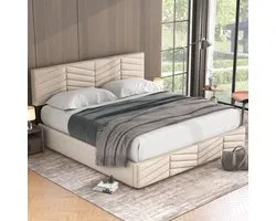 Sweiko Stoffering Bed, Dubbel Bed, Hydraulisch Functioneel Bed, Fluweel, Stripe Style, Continental Bed, Hoogte Verstelbaar Hoofdbord, 180 x 200, Beige