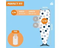 Housse de planche à repasser Premium Classic – Extra perméable à la vapeur – Taille S/M MAX. 42 x 125cm – Couche de mousse de 3MM pour un confort de repassage optimal