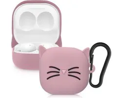 kwmobile Hoes geschikt voor Samsung Galaxy Buds 2 Pro / Buds 2 / Buds Live - Siliconen cover voor oordopjes in zwart / poederroze - Kat design