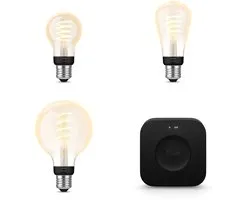 Philips Hue Starterspakket - E27 - met 3 Filament lampen Mix - Warm tot Koelwit Licht - Incl. 1 Hue Bridge Pro - Hue White Ambiance Filament