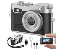Caméra numérique mini rétro - Mini caméra - Noir - 200mAh - 1080p HD | 2 MP | Écran couleur 0,96 pouces | Flash LED - Exposition automatique + autofocus - Avec 6 filtres et adaptateur OTG