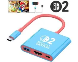 Docking Station, geschikt voor Nintendo Switch 2/1/OLED, TYPE-C Hub met HDMI en USB 3.0 Perfect voor reizen en gaming Kleur Rood/Blauw
