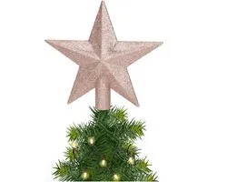 Decoris kerstboom piek - 1x - ster vorm - lichtroze - glitter - 19 cm - kunststof - kerstpiek