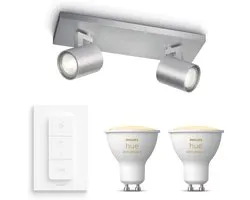 Philips Hue Runner Opbouwspot (Aluminium) - Warm tot Koelwit Licht - Incl. Hue Dimmer Switch - Plafondspot met 2 Lichtpunten - GU10 - Hue White Ambiance