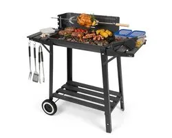 Barbecue Houtskool met Draaispit - Smoker BBQ met Warmhoudrek - Verstelbaar Kolenrooster - 49x29 cm Grilloppervlak - Zijplanken - Zwart