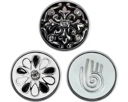 Quiges - Chunk 18mm Click Button Drukknoop Set van 3 Stuks Symbool Zwart & Wit met Zirkonia - EBCMSET016