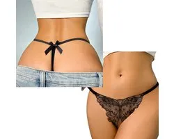 Sexy G-String met Vlinder - Open Kruis - Zwart - Erotisch Design met Kant - Dames String - Lingerie / Ondergoed - Maat M