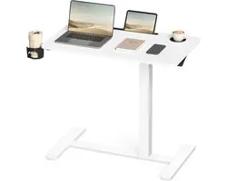 VASAGLE Overbed Tafel Met Wielen - In Hoogte Verstelbaar Sta Bureau - Laptoptafel 80x45 cm - Met Bekerhouders En Tablet Sleuf - Wolkwit