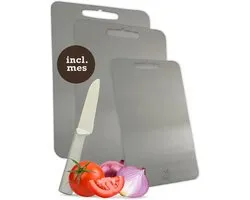 Rivoya Snijplankenset 3 stuks - Incl Mes - Titanium Gestabiliseerd RVS - Cutting board - PFAS vrij & Antibacterieel - Vaatwasserbestendig - Set van 3 - 34x23cm & 29x20cm & 25x15cm