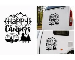 Happy Campers Sticker 30 cm – Camper Sticker – Caravan Sticker – Zwart – Camping Decoratie – Auto Sticker – Camper & Caravan Accessoires