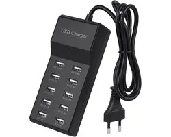 Multi-USB-oplader, 10 poorten, 50 W, USB-oplaadstation voor meerdere apparaten, USB-hub met netadapter, multi-USB-oplader Geschikt voor iPhone, Geschikt voor Samsung, Geschikt voor Xiaomi, Geschikt voor Huawei, tablet, zwart
