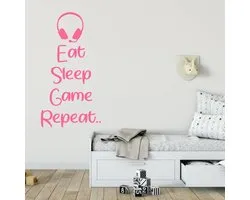Sticker Muursticker Eat Sleep Game Repeat Headset - Rose - 83 x 160 cm - Textes anglais chambre bébé et enfant - Muursticker4Sale