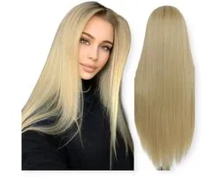 Frazimashop- Perruques ombrées blond cendré – Perruque de Luxe résistante à la chaleur – Perruques de 24 pouces pour femmes, Cheveux longs et raides – #Front Lace Wig 13 x 4 60 cm