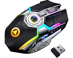 Elementkey DML4 Draadloze USB 2.4Ghz Gaming Muis met RGB verlichting- Stille Optische Ergonomische muis – 1600 DPI met metalen scroller -  Zwart