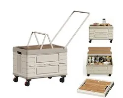 Boodschappentrolley Opvouwbaar met Wielen & Trekstang – 60L Grote Capaciteit – Multifunctionele Opbergbox met Houten Deksel (Tafel/Zitje) – Boodschappenkar, Camping & Auto Organizer