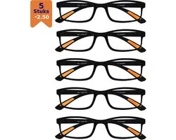 Amazotti Milano Leesbrillen +2.50 – Set van 5 – Trendy & Comfortabel – Italiaans Design – Lichtgewicht Kunststof – Dames & Heren – Zwart – Leesbril met Sterkte