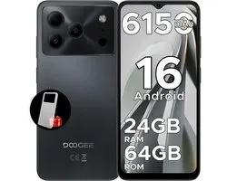 DOOGEE Note 56 - Smartphone - Smartphones - 24G RAM + 64G ROM (2TB/TF) - Android 16- 6150mAh - 6,56 inch + 90Hz - 4G Dual SIM - Face ID - GPS - 3,5mm Koptelefoonaansluiting - Zwart